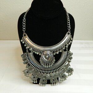 Bohemian 3-tier Silver Tribal Bib Necklace